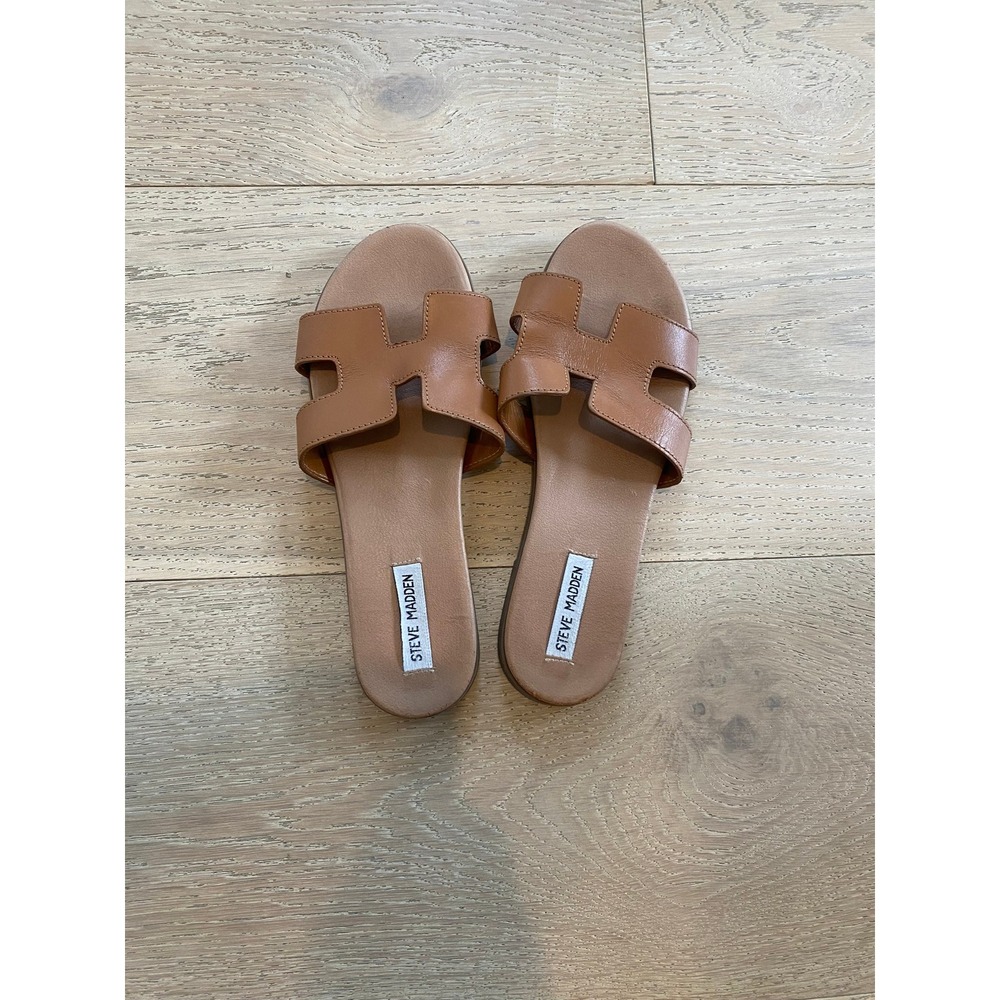 Steve Madden Hoku Cognac Leather H-Band Flat Slide Sandals Womens